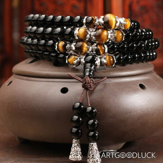 Tibetan Buddhist Mala Beads: 108 Obsidian & Tiger’s Eye Necklace - StartGoodLuck