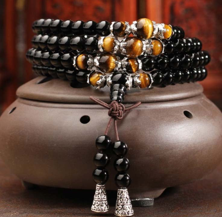 Tibetan Buddhist Mala Beads: 108 Obsidian & Tiger’s Eye Necklace