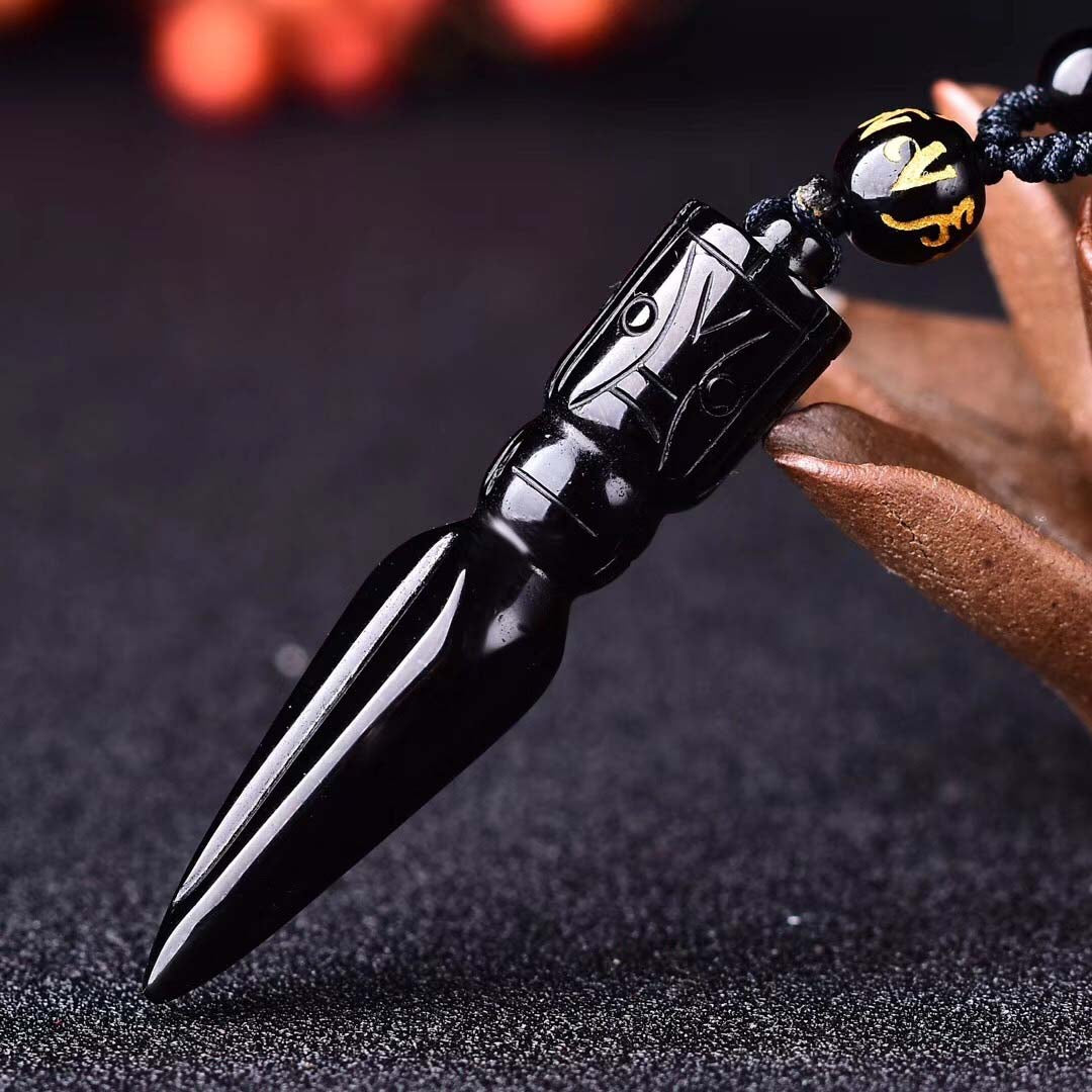 Tibetan Buddhist Necklace: Obsidian Vajra Pendant – Protective Gift for Man