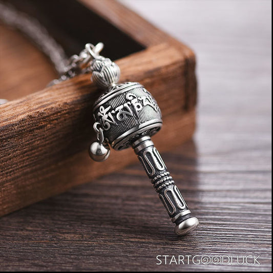 Tibetan Buddhist Prayer Wheel Necklace: “Om Mani Padme Hum” Engraved Pendant (Amplify Mantra Power) - StartGoodLuck
