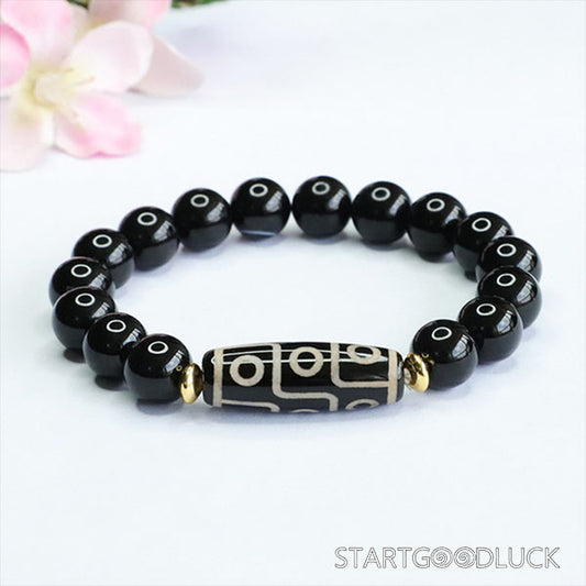 Tibetan Nine-Eyed Dzi Bead & Black Agate Bracelet | Tibetan Bracelet & Buddhist Bracelet - StartGoodLuck