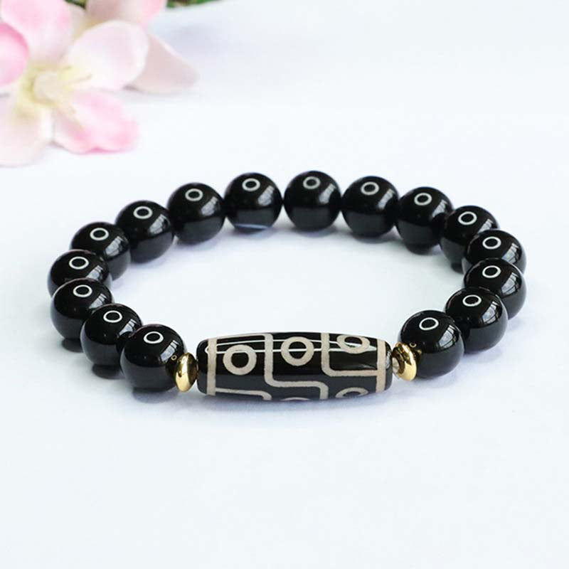Tibetan Nine-Eyed Dzi Bead & Black Agate Bracelet | Tibetan Bracelet & Buddhist Bracelet