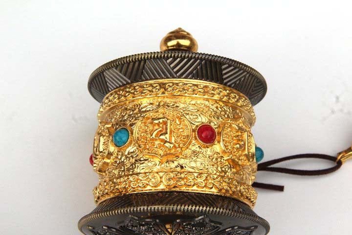 Tibetan Prayer Wheel: Large Silent Handheld with Gold Plating & Gem Inlays (Accumulate Merit Quietly)