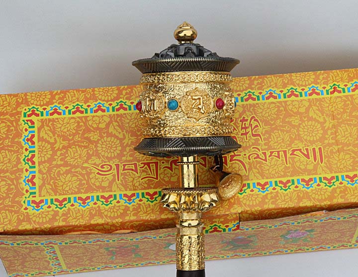 Tibetan Prayer Wheel: Large Silent Handheld with Gold Plating & Gem Inlays (Accumulate Merit Quietly)