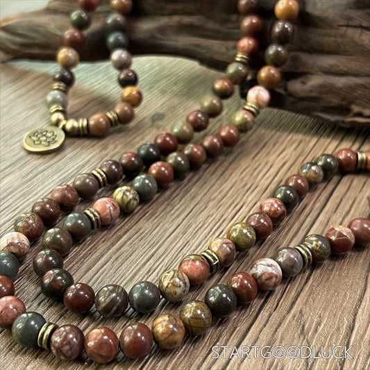Tibetan Red Turquoise Mala Bead necklace with Lotus : Purify Energy, Awaken Enlightenment - StartGoodLuck