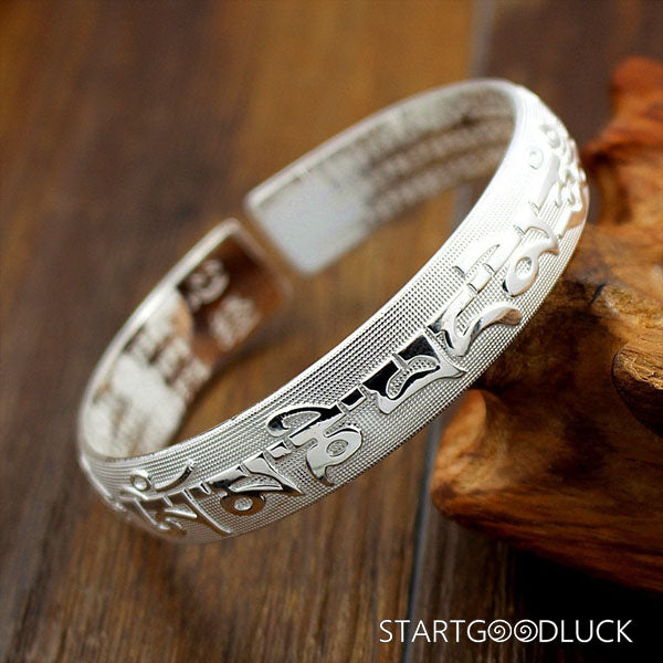 Tibetan Six - Syllable Mantra Silver Bracelet: Sacred Protection in Sterling Silver - StartGoodLuck