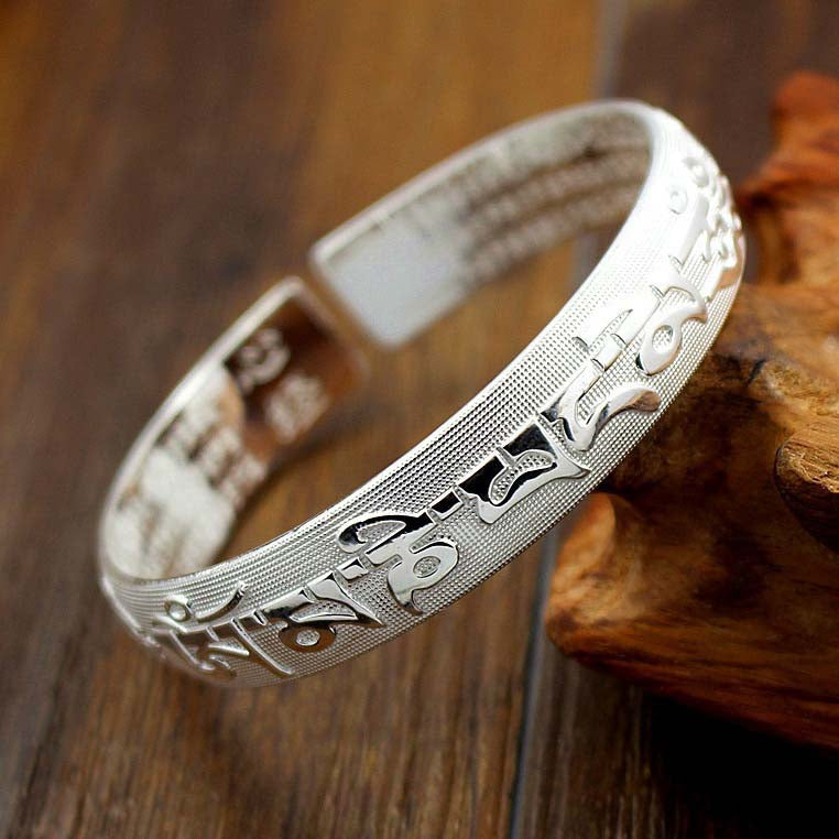 Tibetan Six - Syllable Mantra Silver Bracelet: Sacred Protection in Sterling Silver