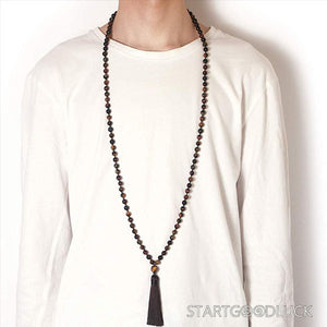 Tibetan 108 - Bead Three - Color Tiger’s Eye & Obsidian Mala Necklace: Ward Off Negativity, Attract Fortune - StartGoodLuck