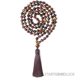 Tibetan 108 - Bead Three - Color Tiger’s Eye & Obsidian Mala Necklace: Ward Off Negativity, Attract Fortune - StartGoodLuck