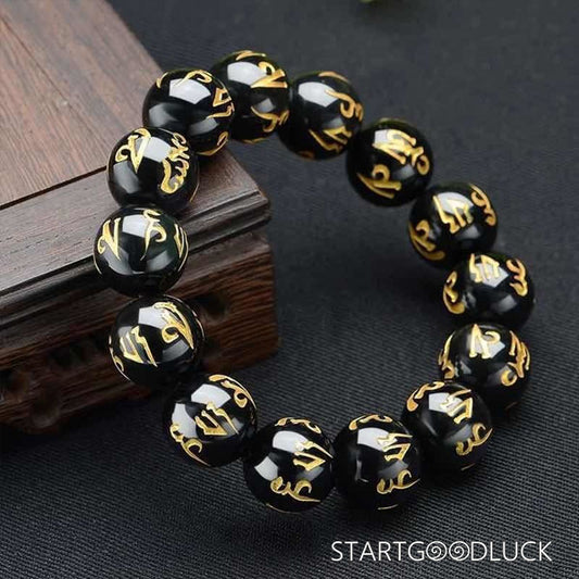 Tibetan Black Onyx Six - Syllable Mantra Bracelet: Ideal for Meditation and Gifting - StartGoodLuck