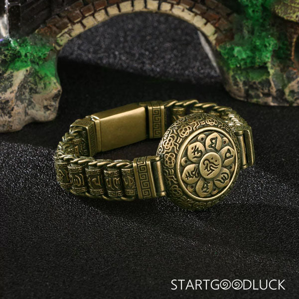 Tibetan Brass Rotating Bracelet Engraved with Six - Syllable Mantra: Spiritual Spin, Abundant Blessings - StartGoodLuck
