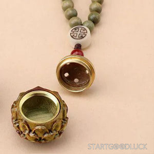 Tibetan Buddhist 108-Bead Green Sandalwood Mala Necklace with Lotus Sachet – Calm Mind & Healing - StartGoodLuck