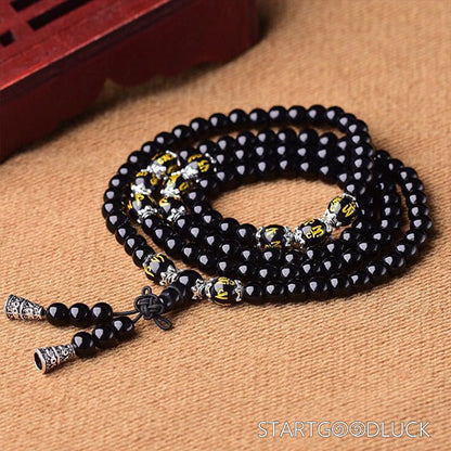 Tibetan Buddhist 108 - Bead Obsidian Mala with Six - Syllable Mantra: Purify Energy, Awaken Compassion - StartGoodLuck