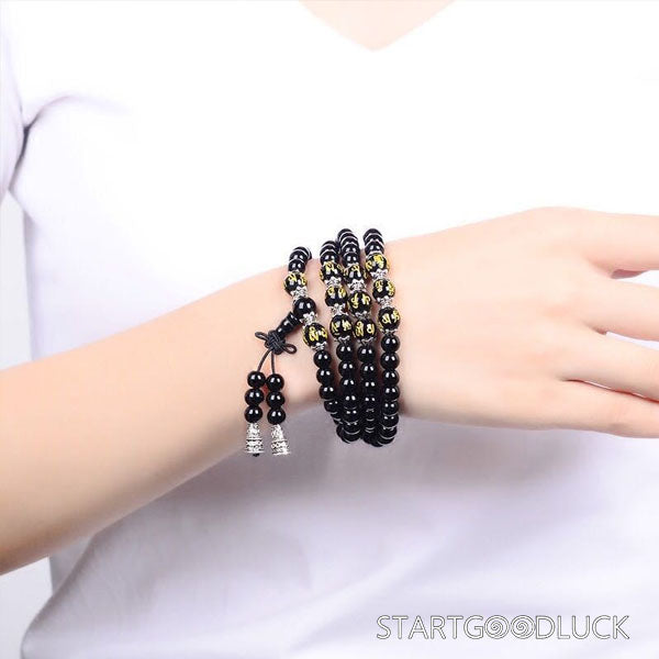 Tibetan Buddhist 108 - Bead Obsidian Mala with Six - Syllable Mantra: Purify Energy, Awaken Compassion - StartGoodLuck