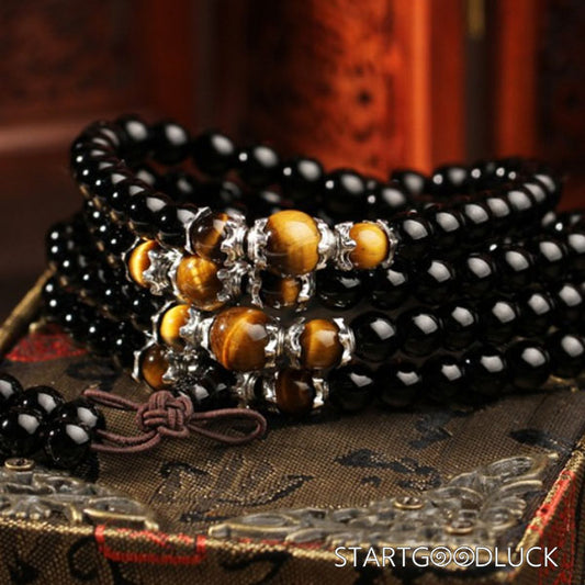 Tibetan Buddhist Mala Beads: 108 Obsidian & Tiger’s Eye Necklace - StartGoodLuck
