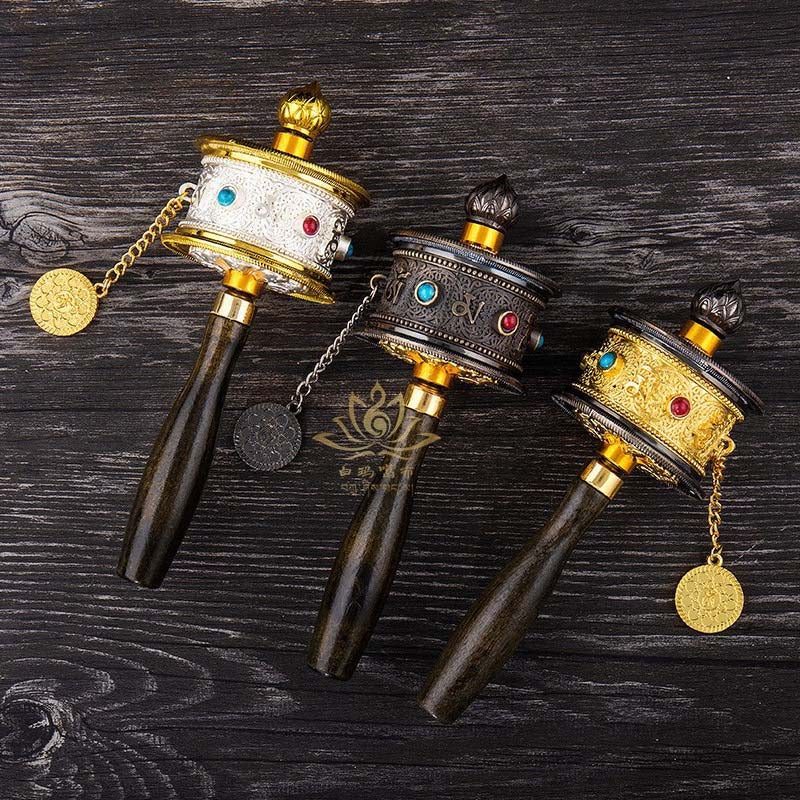 Tibetan Prayer Wheel: Handheld with Colored Gem Inlays (Accumulate Merit, Bless Daily Life)