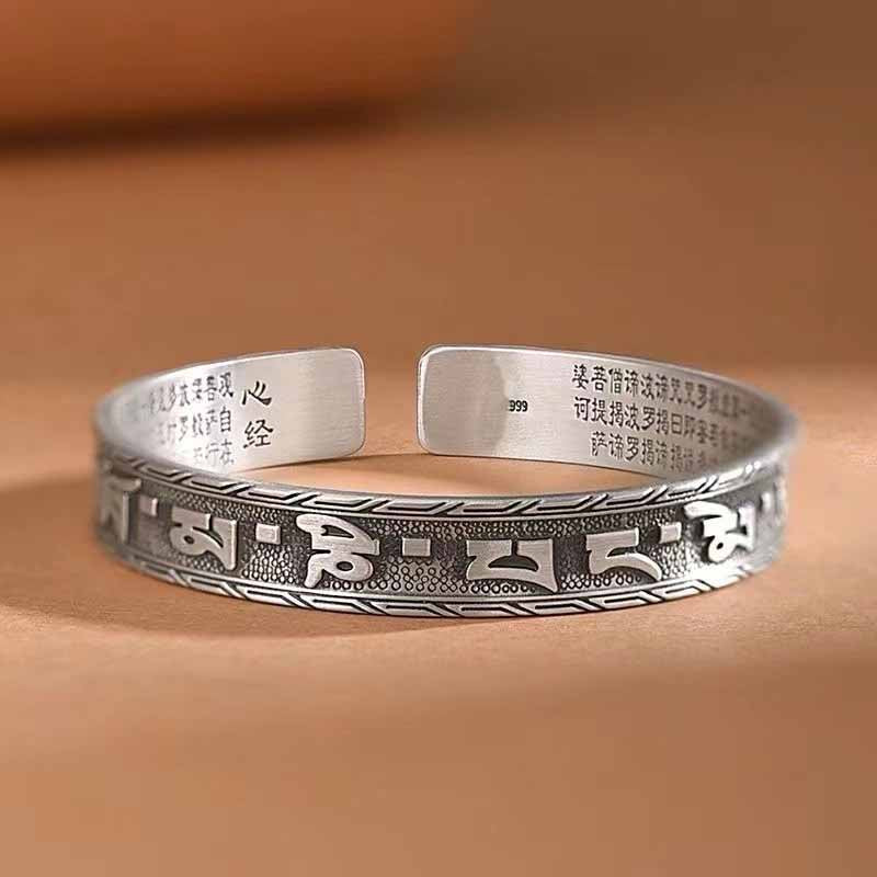 Tibetan Silver Bangle with Six - Syllable Mantra & Heart Sutra: Dual Sacred Guardians for Inner Peace