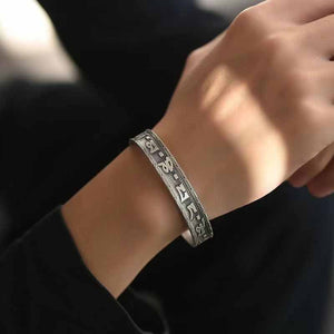 Tibetan Silver Bangle with Six - Syllable Mantra & Heart Sutra: Dual Sacred Guardians for Inner Peace