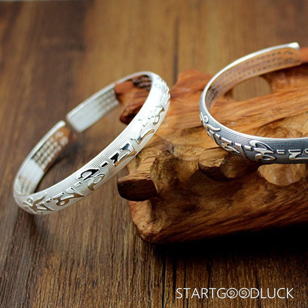 Tibetan Six - Syllable Mantra Silver Bracelet: Sacred Protection in Sterling Silver - StartGoodLuck