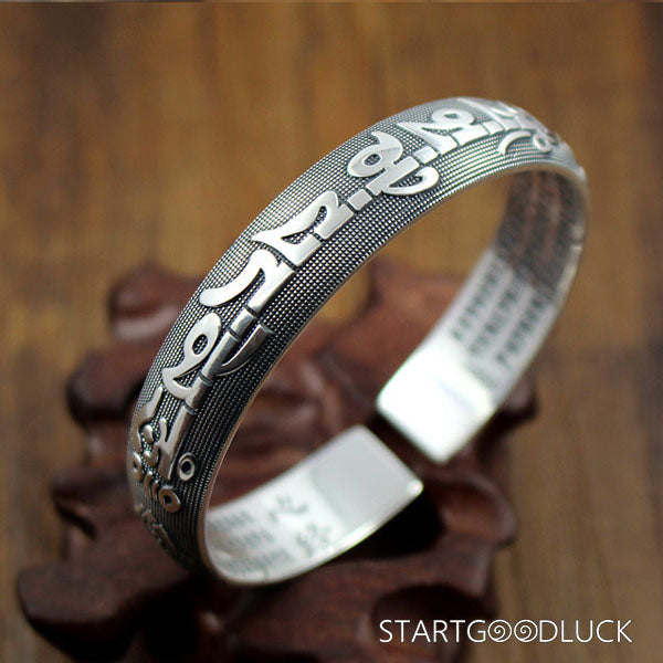 Tibetan Six - Syllable Mantra Silver Bracelet: Sacred Protection in Sterling Silver - StartGoodLuck