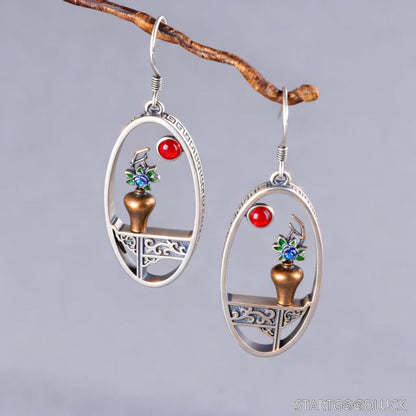 Vintage Earrings - Chinese Silver Oval Earrings with Unique Gemstone Inlay