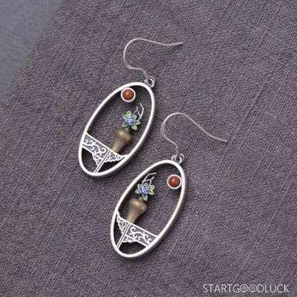 Vintage Earrings - Chinese Silver Oval Earrings with Unique Gemstone Inlay