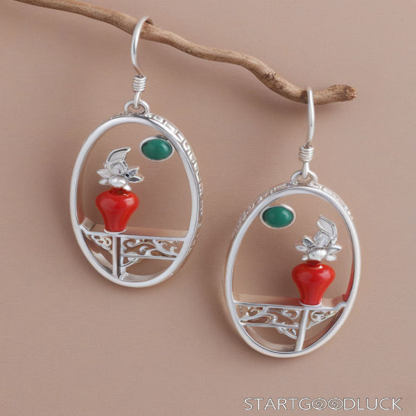 Vintage Earrings - Chinese Silver Oval Earrings with Unique Gemstone Inlay