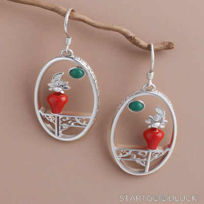 Vintage Earrings - Chinese Silver Oval Earrings with Unique Gemstone Inlay