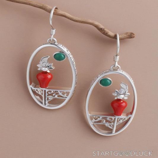 Vintage Earrings - Chinese Silver Oval Earrings with Unique Gemstone Inlay