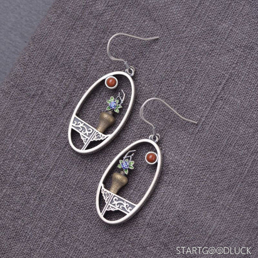 Vintage Earrings - Chinese Silver Oval Earrings with Unique Gemstone Inlay