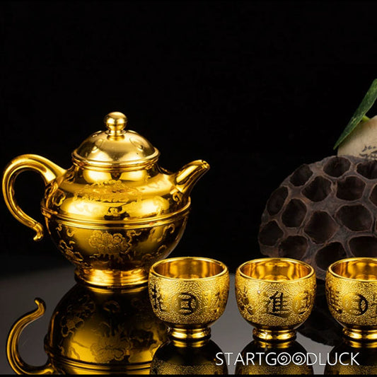 Water Offering | Golden Lotus Buddhist Teapot & Cup Set - StartGoodLuck