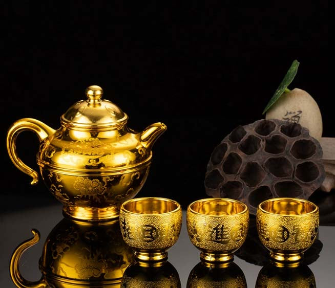 Water Offering | Golden Lotus Buddhist Teapot & Cup Set