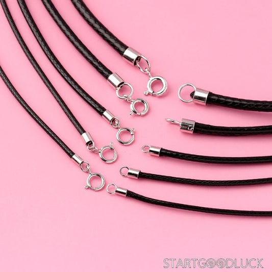 Waxed Cord Necklace - 1-3mm Black Rope chain with S925 Sterling Silver Clasp