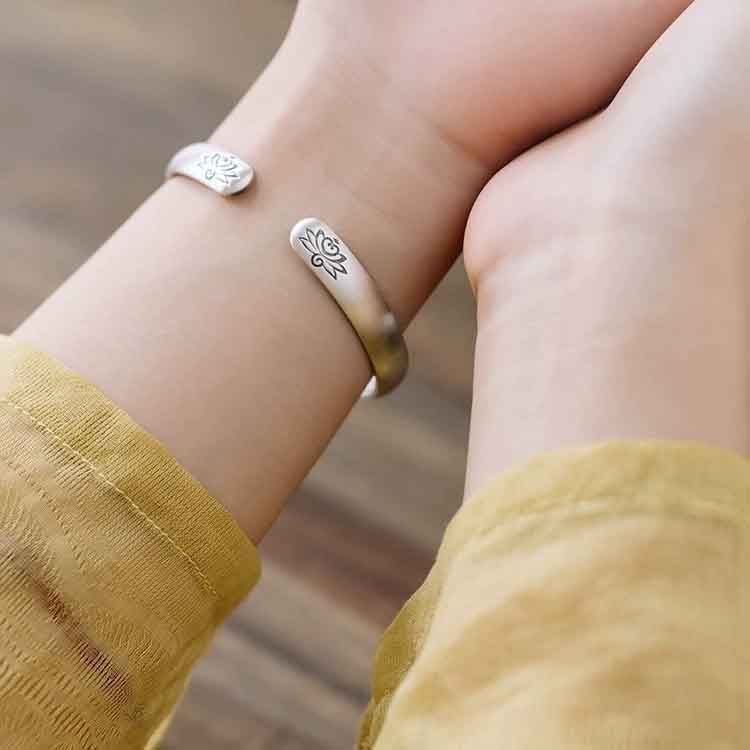 White Copper Silver-Plated Bangle | Buddhist Bracelet for Lotus Enlightenment