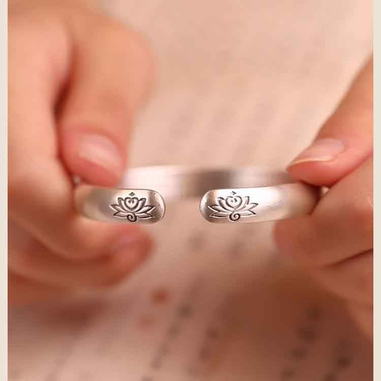 White Copper Silver-Plated Bangle | Buddhist Bracelet for Lotus Enlightenment