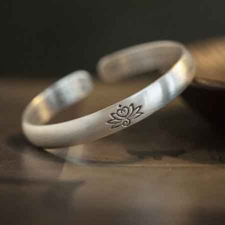 White Copper Silver-Plated Bangle | Buddhist Bracelet for Lotus Enlightenment