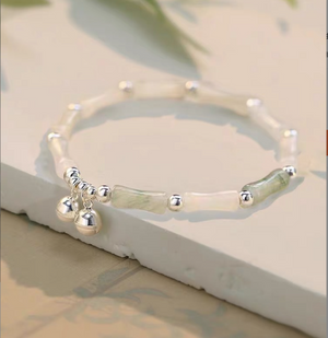 White Jade  Bamboo Bracelet | 925 Silver Bell | Neo Chinese Style