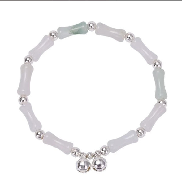 White Jade  Bamboo Bracelet | 925 Silver Bell | Neo Chinese Style