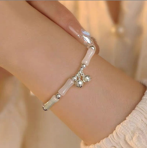 White Jade  Bamboo Bracelet | 925 Silver Bell | Neo Chinese Style