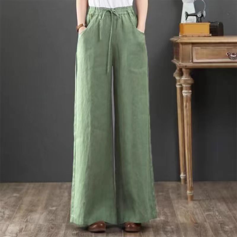 Women 5 Colors Spring and Autumn Casual Linen Loose Wide Waist Leg Pants 