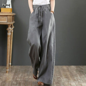 Women 5 Colors Spring and Autumn Casual Linen Loose Wide Waist Leg Pants 