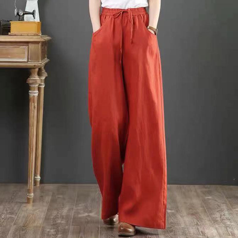 Women 5 Colors Spring and Autumn Casual Linen Loose Wide Waist Leg Pants 