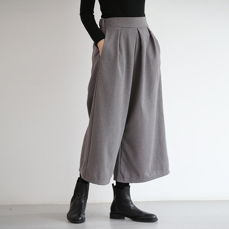 Women Casual Black Or Grey Woolen Loose Wide-leg Cropped Pants