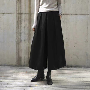 Women Casual Black Or Grey Woolen Loose Wide-leg Cropped Pants