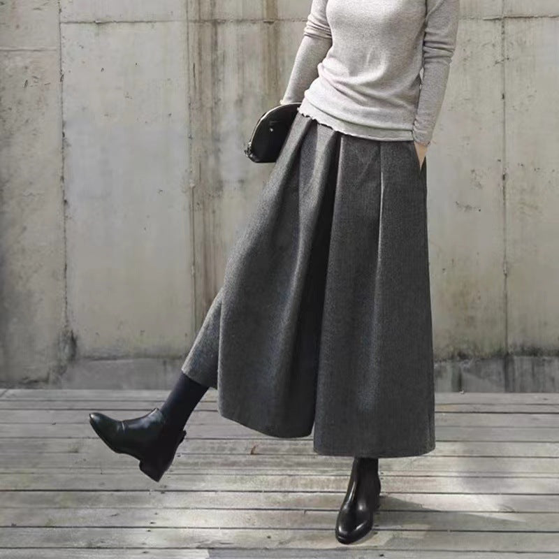 Women Casual Black Or Grey Woolen Loose Wide-leg Cropped Pants
