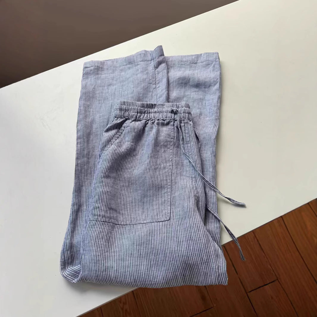 Women Casual Comfortable Linen Striped Drawstring  Wide Straight Leg Pants 