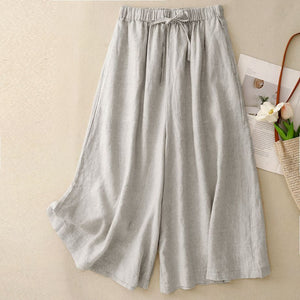 Women Casual Cotton and Linen Cropped Straight Wide-Leg Pants