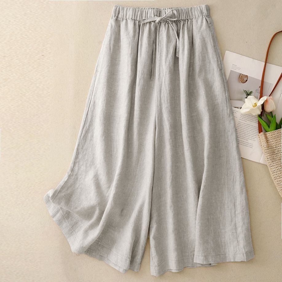 Women Casual Cotton and Linen Cropped Straight Wide-Leg Pants
