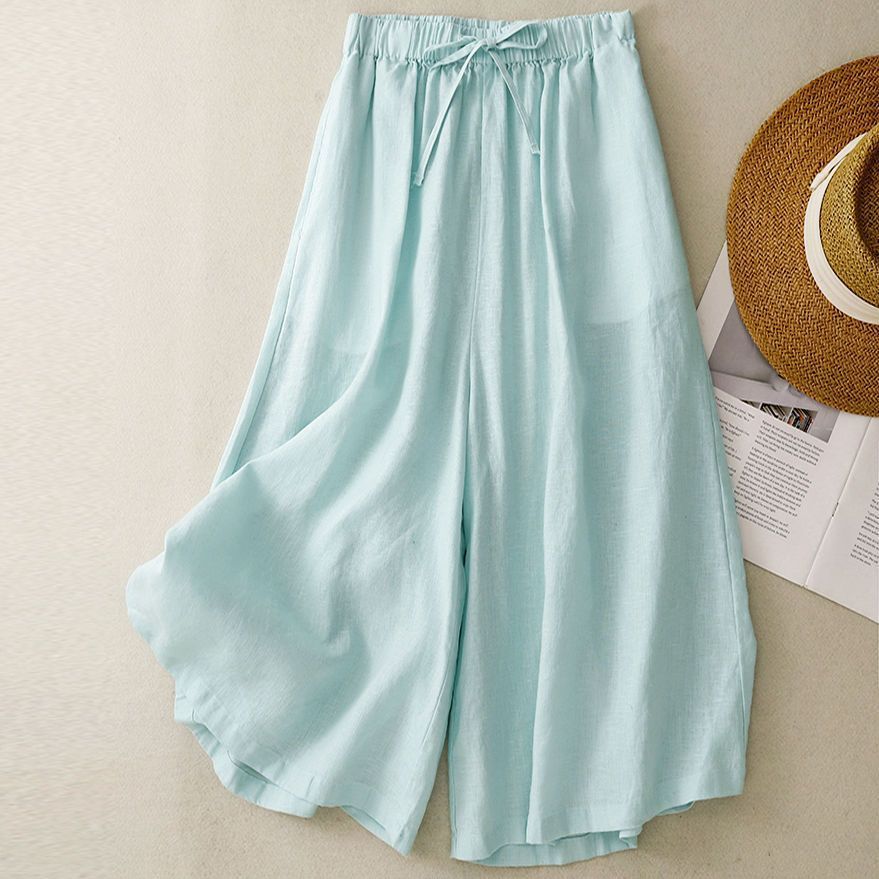 Women Casual Cotton and Linen Cropped Straight Wide-Leg Pants
