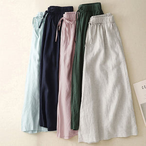 Women Casual Cotton and Linen Cropped Straight Wide-Leg Pants